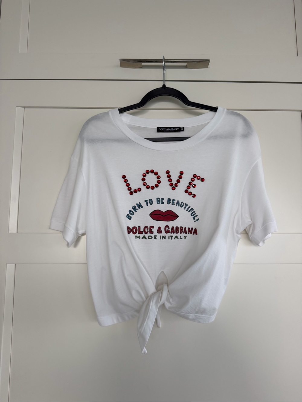 Dolce & Gabbana White Tee with Red 'LOVE' Embellishment and Tie Front